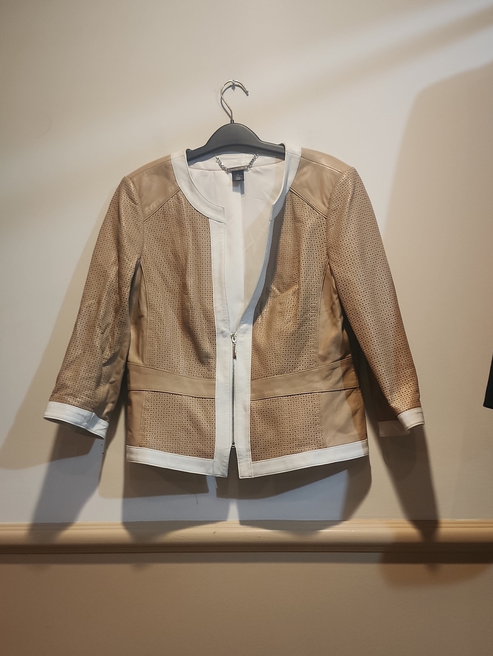 White House Black Market Beige Leather Jacket with Cream Trim